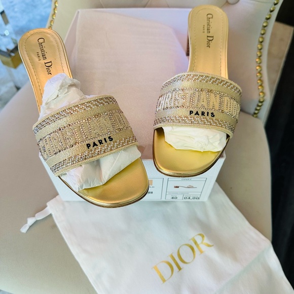 DIOR Dway Heeled SlideGold-Tone with Metallic Thread Strass 62k gold siz… - Picture 6 of 14